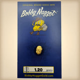 Bobby Nugget gold nugget packaging with cartoon character and gold nugget on a blue background