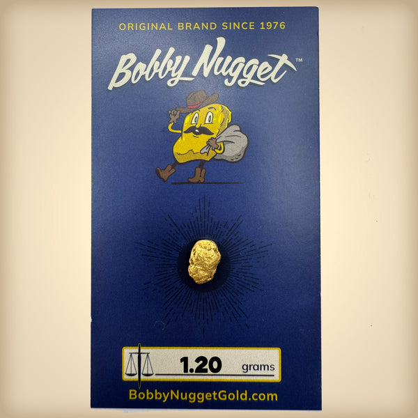 Bobby Nugget gold nugget packaging with cartoon character and gold nugget on a blue background