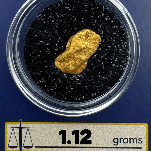 Gold nugget in a container with 'Bobby Nugget Gold' branding and weight label.