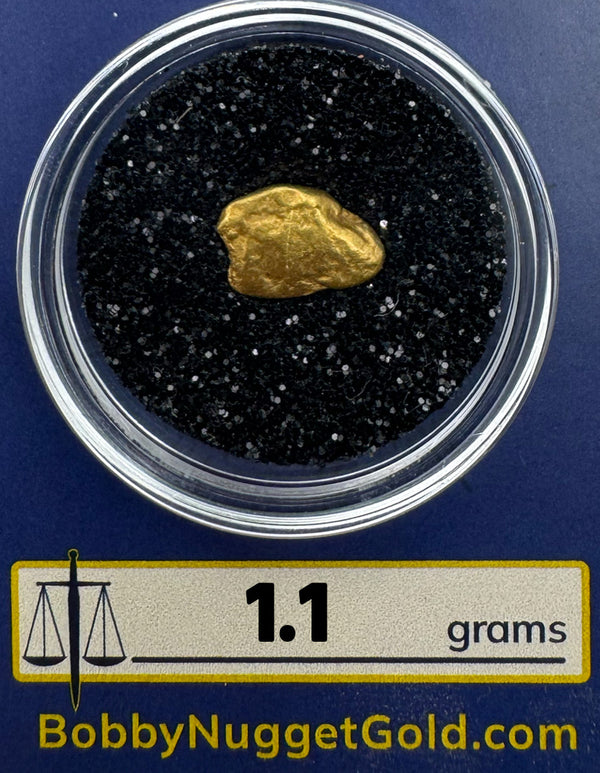 Gold nugget in a clear container with black sand, labeled '1.1 grams' and 'BobbyNuggetGold.com'.