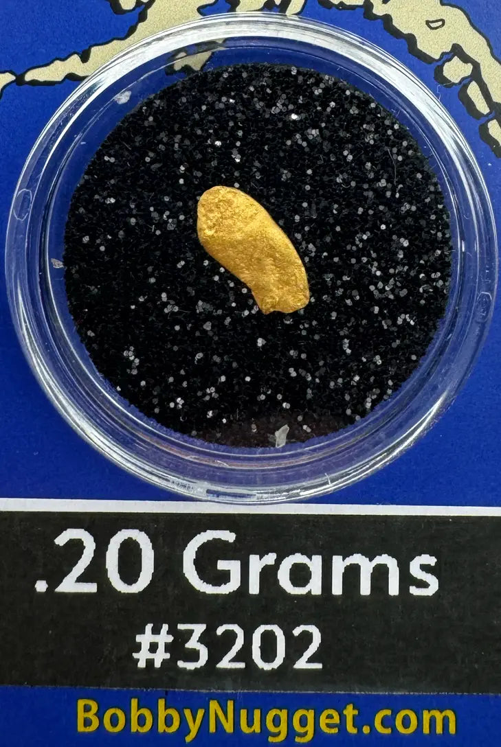 Gold nugget in a clear container with black sand on a blue background, labeled '.20 Grams #3202' and 'BobbyNugget.com'.