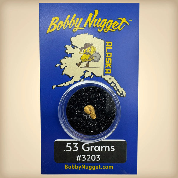 Bobby Nugget Alaska gold nugget packaging with blue background and gold nugget inside a clear container.