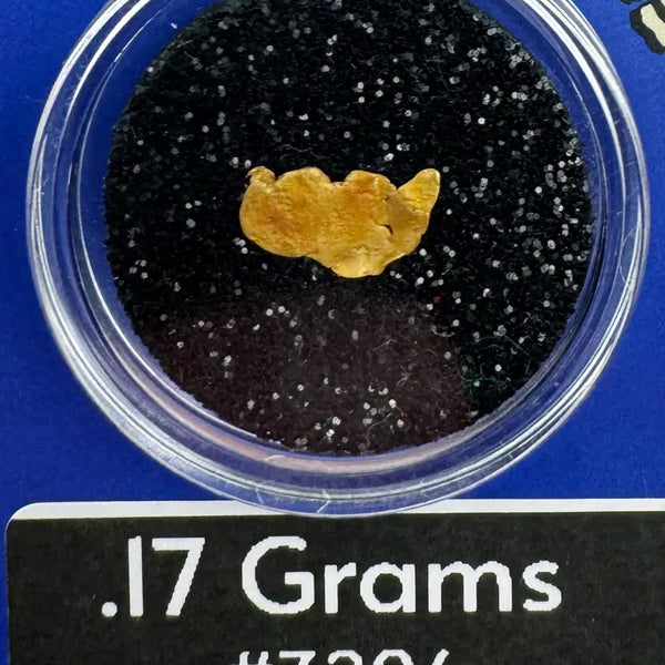 Gold nugget in a clear container with black sand on a blue background, labeled '.17 Grams #3206' and 'BobbyNugget.com'.
