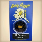 Bobby Nugget Alaska gold nugget packaging with blue background and gold nugget inside.