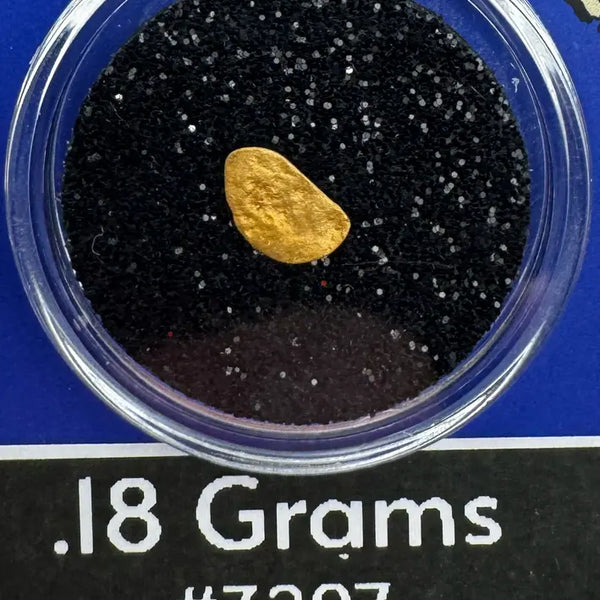 Gold nugget in a clear container with black sand, labeled '.18 Grams #3207' on a blue background.