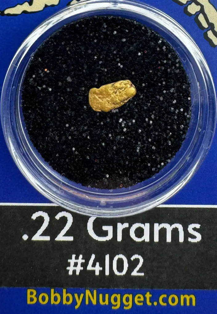 Gold nugget in a clear container with black sand, labeled '.22 Grams #4102' and 'BobbyNugget.com'.