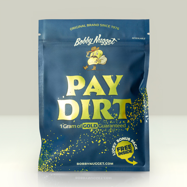 Gold paydirt from Bobby Nugget featuring natural gold pieces and a Lucky Bonus gift