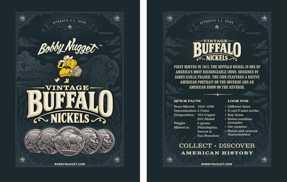 Buffalo Nickels Collection | Indian Head Nickel | Set of 25 | + Free Lucky Bonus Bag Bobby Nugget Gold