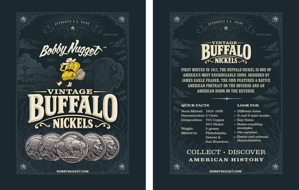 Buffalo Nickels Collection | Indian Head Nickel | Set of 25 | + Free Lucky Bonus Bag Bobby Nugget Gold