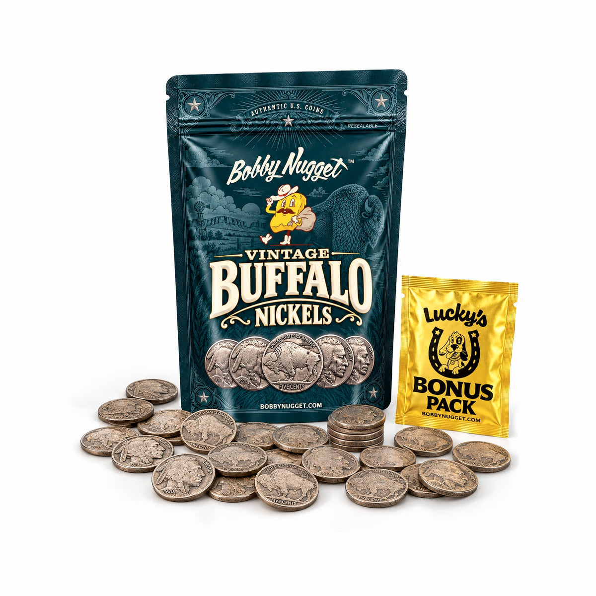 Buffalo Nickels Collection | Indian Head Nickel | Set of 25 | + Free Lucky Bonus Bag Bobby Nugget Gold