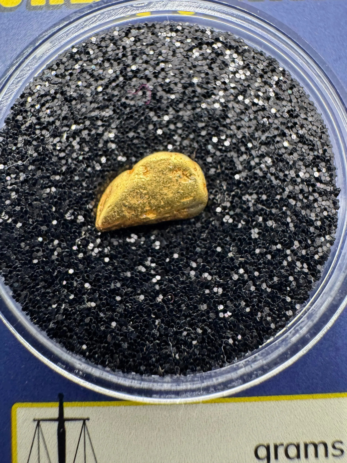 Close-up of natural California gold nugget resting on black display material inside clear case