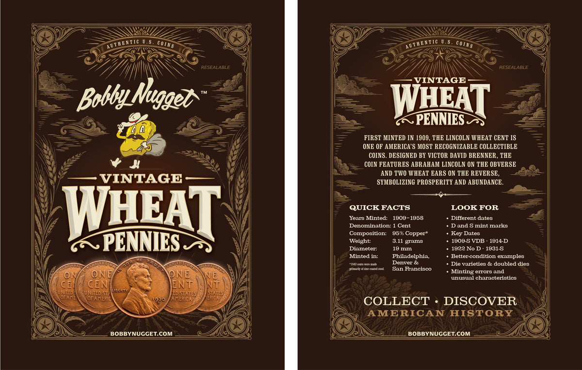 Roll of 50 Lincoln Wheat Pennies | 1909–1958 U.S. Wheat Cents Bobby Nugget Gold