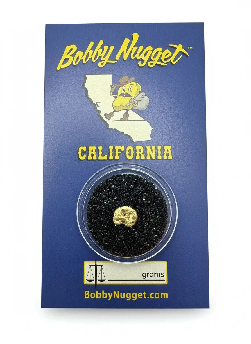 Authentic 1-gram gold nugget safely encased with a branded blue Bobby Nugget card  