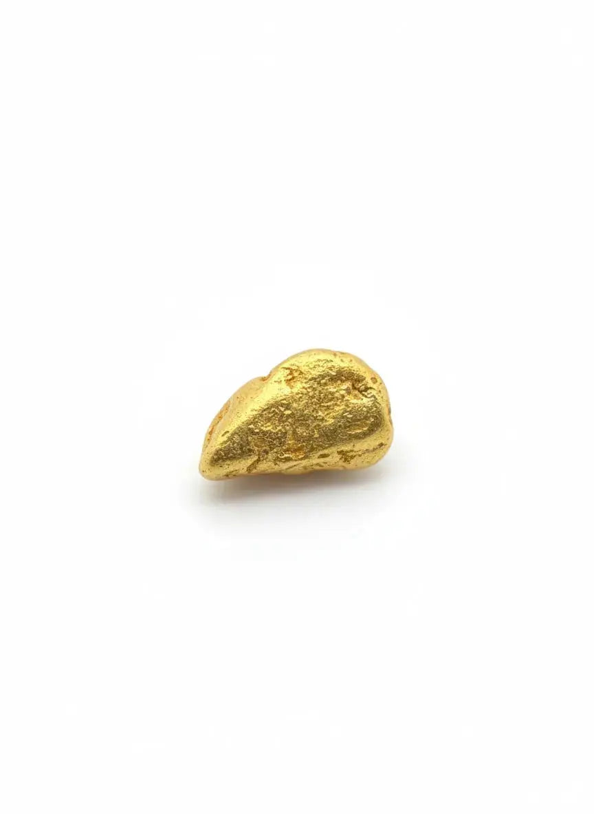 A genuine California gold nugget is presented as a clean studio photograph with a white background, professional lighting, and soft shadows.
